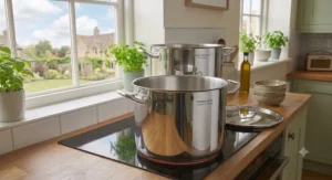 A tall stainless steel stockpot, an essential piece of cookware for any British kitchen.