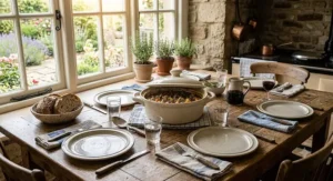 A round casserole dish placed on a rustic dining table, ready for a family meal.