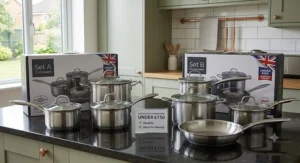Side-by-side comparison of top-rated stainless steel pan sets under 150 pounds for UK home cooks seeking durable kitchenware.