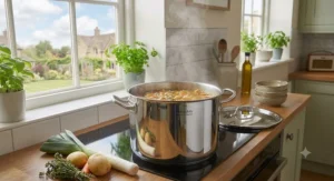 A versatile stainless steel stockpot used for simmering homemade soups and hearty broths.