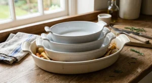 A matching set of white ceramic oval casserole dishes of varying sizes