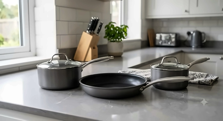 A modern 3-piece non-stick pan set displayed on a grey kitchen worktop