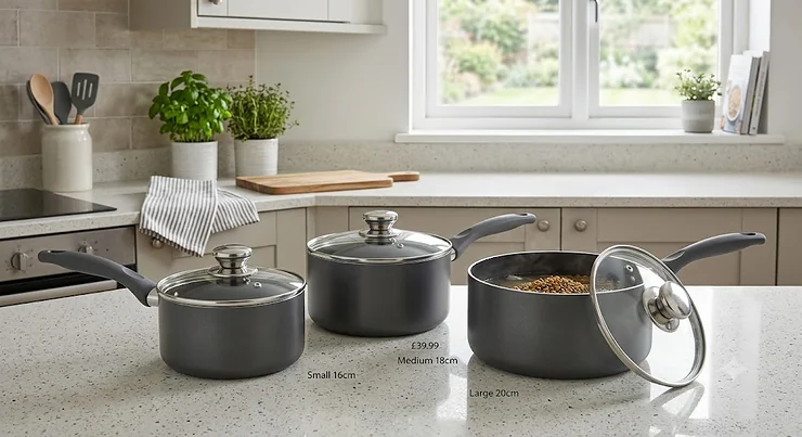 Three-piece non-stick saucepan set with glass lids displayed on a kitchen counter, representing great value pan sets under £50.