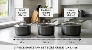 Diagram showing the small, medium, and large sizes of a 3-piece saucepan set