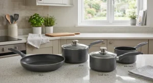 Four-piece lightweight black aluminium pan set with heat-resistant handles, popular pan sets under £50.