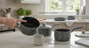 Diagram showing internal liquid measuring marks and pouring spouts on budget-friendly pan sets under £50.