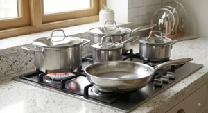 Illustration of 5-piece pan sets placed on a gas hob showing various saucepan sizes and a frying pan.