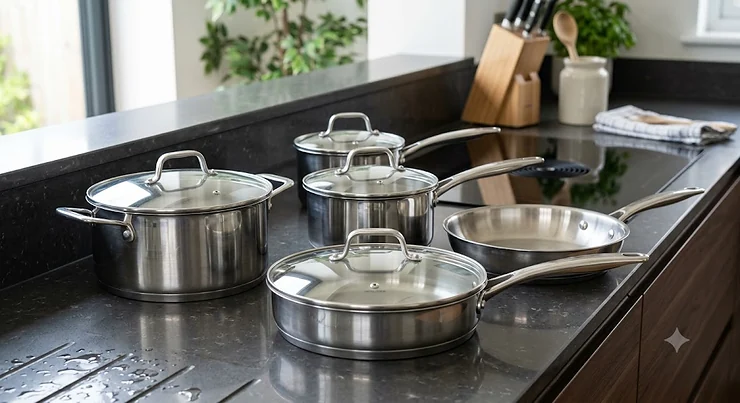 Five piece stainless steel induction pan set displayed on a modern dark kitchen worktop. induction pan sets