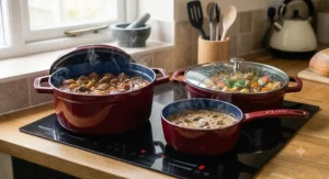 Enamelled cast iron 3-piece pan set ideal for slow cooking and casserole dishes.
