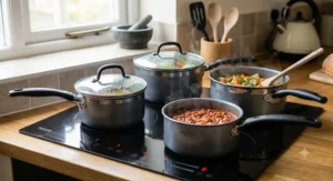 Induction-compatible 3-piece pan set including three different sized saucepans with ergonomic soft-touch handles.