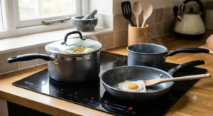 Non-stick 3-piece pan set with easy-clean coating suitable for induction and gas hobs.