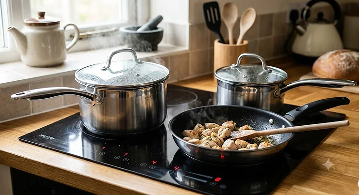 A top-rated 3-piece pan set featuring two stainless steel saucepans and a non-stick frying pan on an induction hob. best 3-piece pan sets