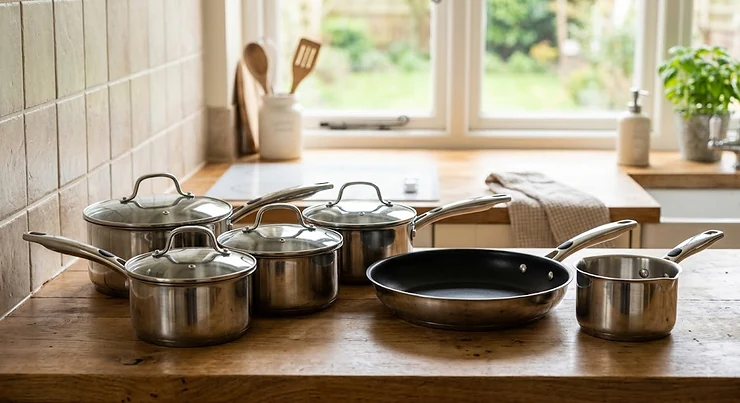 A complete 5-piece pan set featuring three saucepans, a frying pan, and a milk pan on a kitchen counter.