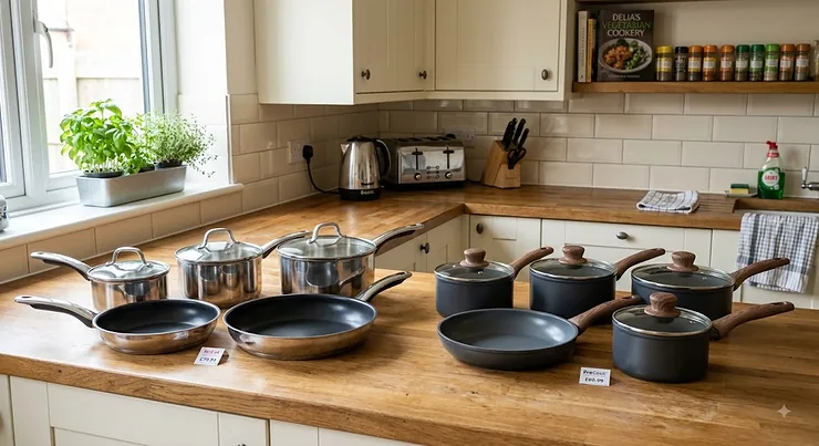 Overview of top-rated 5-piece pan sets under £100 displayed on a modern oak kitchen worktop in a British home