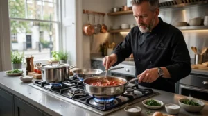 Chef simmering sauce in a high-end stainless steel saucepan set over £200 on a gas hob.