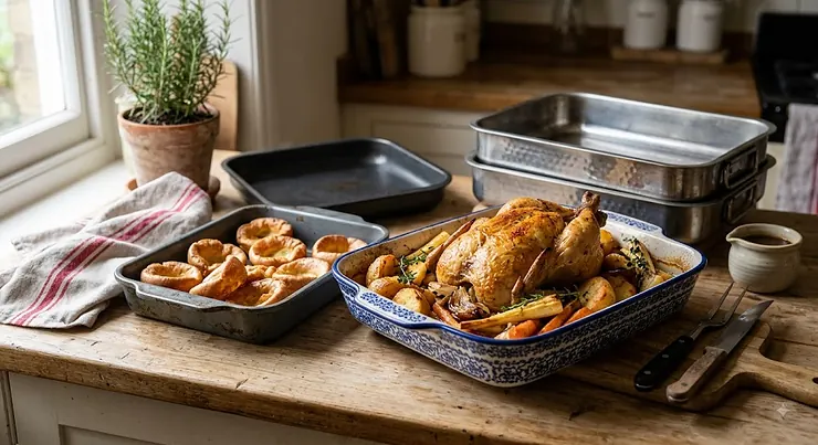 Selection of the best roasting tins arranged on a wooden kitchen worktop with a Sunday roast