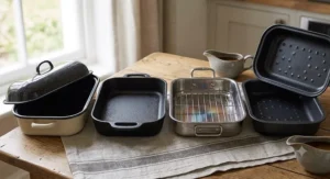 Comparison of the best Sunday roast tins showing stainless steel, enamel, and cast iron roasting pans