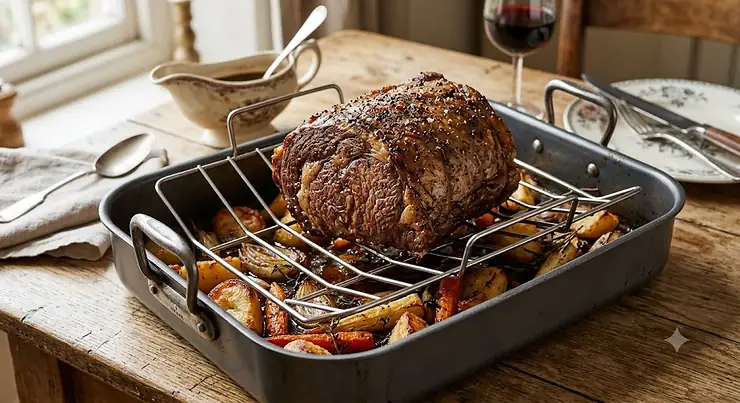 Non-stick Sunday roast tin with elevated roasting rack holding a joint of roast beef