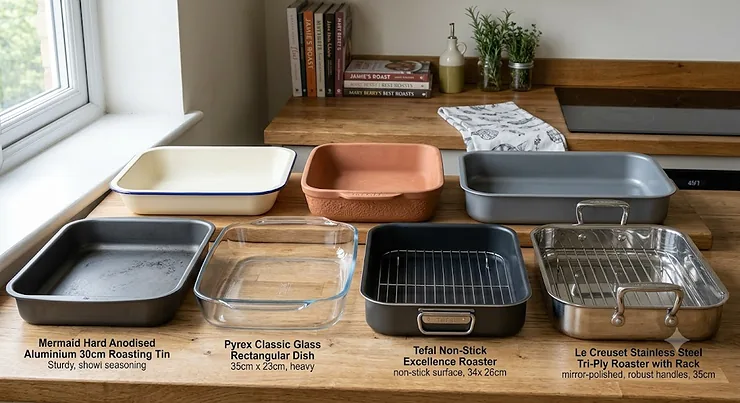A variety of non-stick and stainless steel Sunday roast tins arranged on a wooden kitchen worktop
