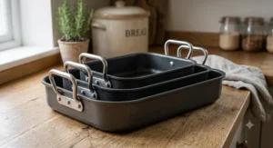 Set of three nestable carbon steel non-stick roasting tins stacked neatly on a British kitchen countertop