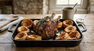 A heavy-duty cast iron Sunday roast tin containing a rib of beef alongside crisp Yorkshire puddings