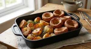 Cast iron roast tin filled with golden crispy roast potatoes and homemade Yorkshire puddings