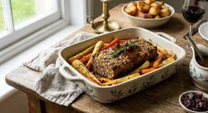 A colourful ceramic Sunday roast tin containing a vegetarian nut roast with roasted parsnips and carrots