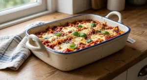 Ceramic roasting dish under £40 with handles containing a baked pasta dish
