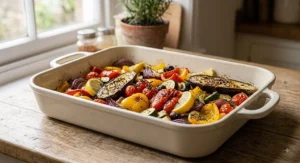 White ceramic roasting tin featuring a colorful Mediterranean vegetable traybake
