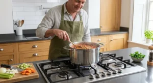 A home cook simmering soup on a five-burner gas hob using a high-grade premium pan set.