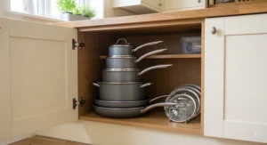 Space-saving 5-piece stackable pan set under £100 neatly stored inside a British kitchen cupboard