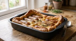 Medium-sized non-stick roasting tin holding a freshly baked classic British toad in the hole