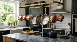 Luxury copper premium pan sets hanging from a brass pot rack above a contemporary kitchen island.