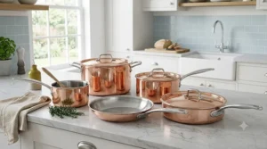 High-end copper cookware set costing over £200 arranged neatly on a polished marble countertop.