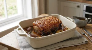 Deep ceramic roast tin presenting a joint of roast pork with crispy crackling and gravy