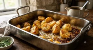 Crispy golden roast potatoes sizzle in oil inside a deep stainless steel Sunday roast tin