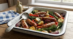 Speckled enamel roasting tray under £40 with a sausage and vegetable traybake