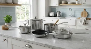 Five-piece luxury cookware set featuring ergonomic riveted handles and toughened glass lids.