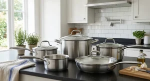 A complete 5-piece stainless steel premium pan set featuring various saucepans, a milk pan, and a glass-lidded frying pan.