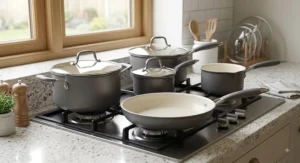 Durable hard-anodised aluminium 5-piece pan set with riveted stainless steel handles.