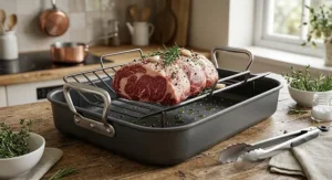 Heavy duty non-stick roasting tin featuring a removable wire roasting rack for healthier cooking and meat draining
