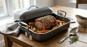 Heavy-duty self-basting roasting tin with lid under £40 on a wooden dining table