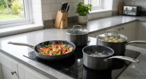 A 3-piece pan set in use on an induction hob in a British home kitchen