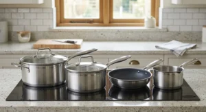 Stainless steel 5-piece pan set arranged on a glass induction hob in a modern British kitchen.