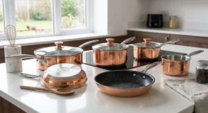 Copper exterior induction pan set featuring stainless steel bases for rapid heat distribution