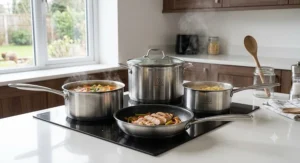 Induction pan set heating evenly on a black glass induction hob in a home kitchen