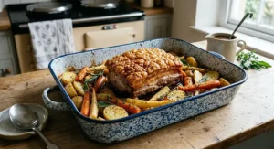 Traditional speckled enamel Sunday roast tin with pork belly crackling and root vegetables