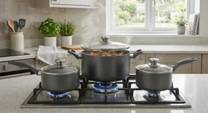 Large family stockpot and saucepans with steam-vented glass lids simmering on a gas hob, quality pan sets under £50.
