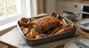 Large hard-anodised Sunday roast tin loaded with a full family roast dinner and trimmings