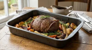 Succulent roast beef joint resting inside a large non-stick roasting tin with root vegetables and fresh rosemary